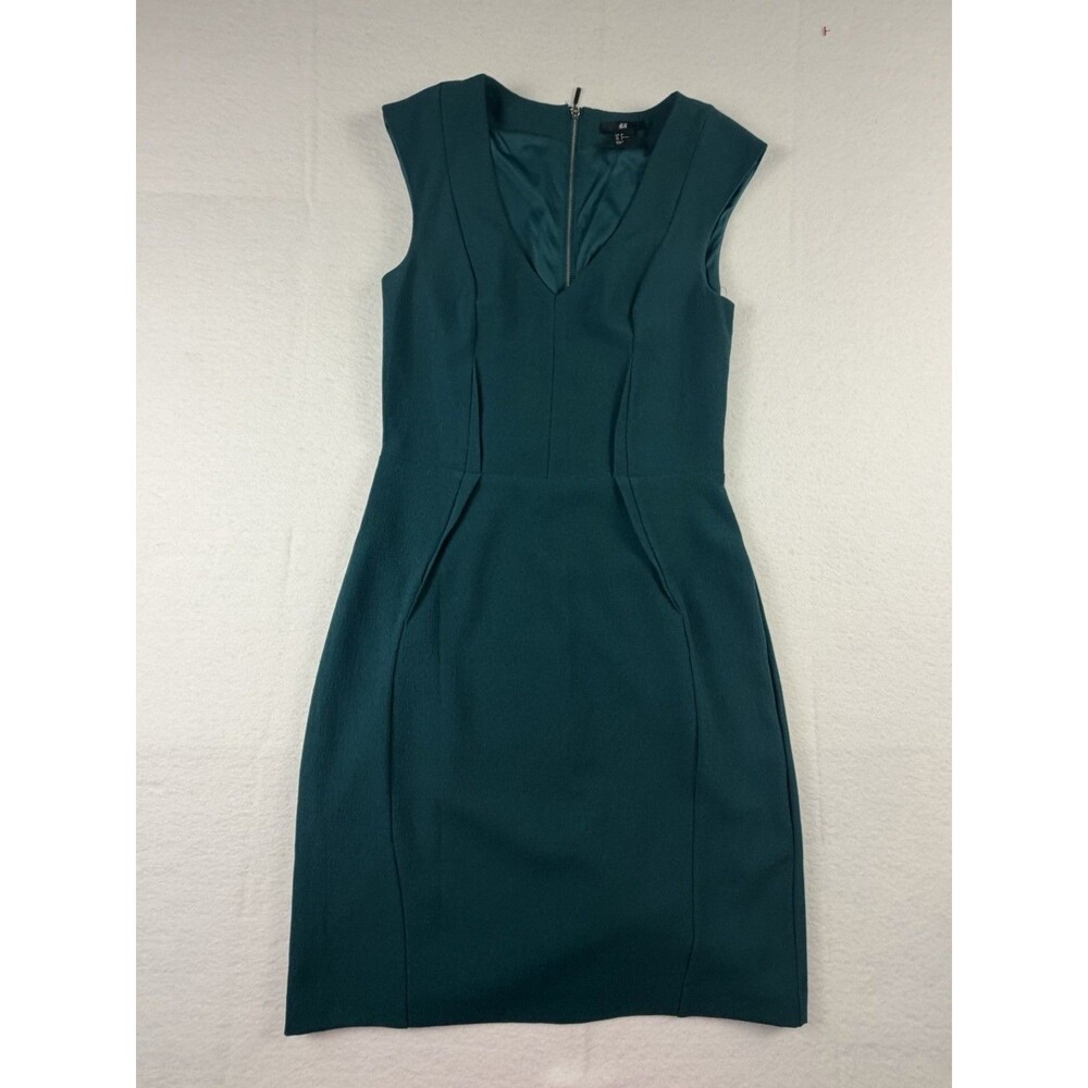 H&M Green V-Neck Sleeveless Sheath Knee Dress Lined Stretch Zip Women's 8